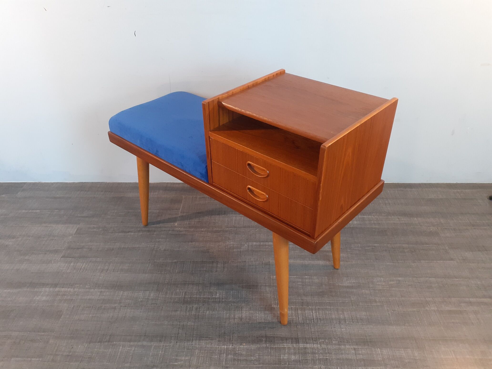 Bench Norwegian Phone Teak and blue fabric, Vintage Scandinavian 1970s