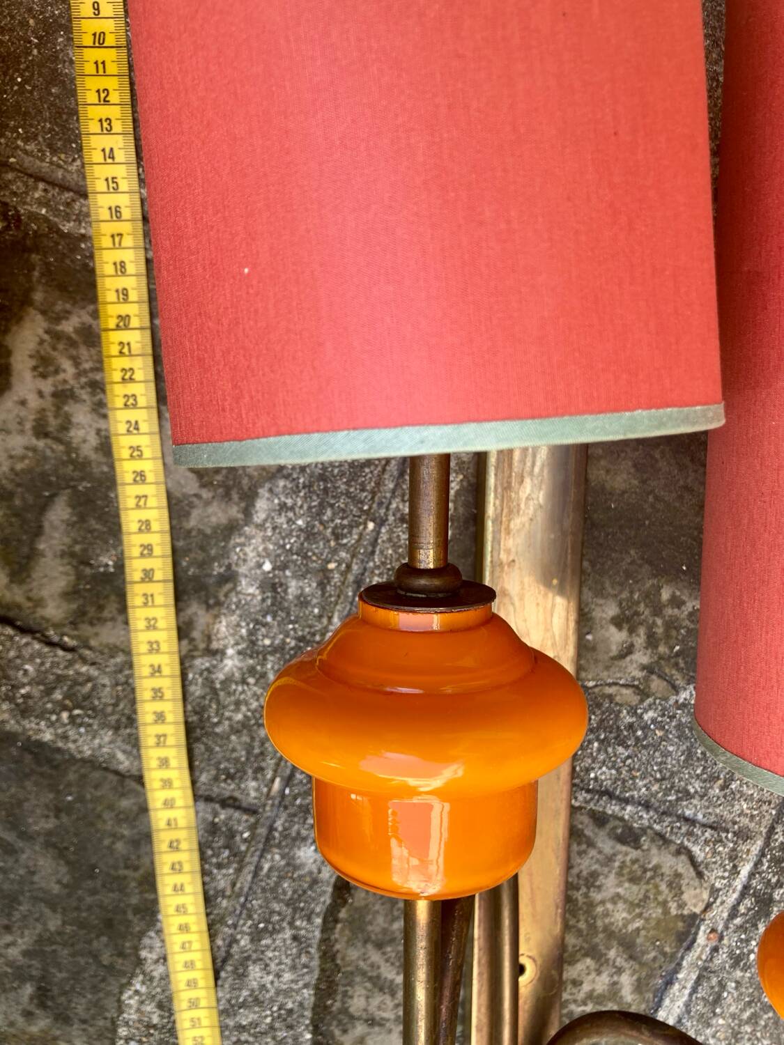 Large pair of wall sconces in brass and orange opaline glass