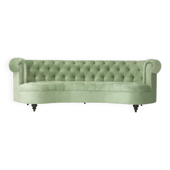 Canapé banane type chesterfield en velours et bois