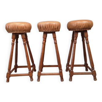 3 tabourets de bar chene cuir vintage 1970