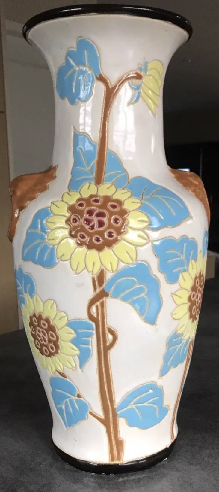 Glazed ceramic vase with polychrome decoration of sunflower flowers 36 cm