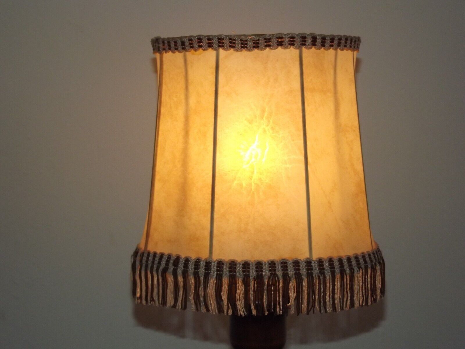 French Mid Century Round Turned Wood Table Lamp With Hide Skin Shade 4025