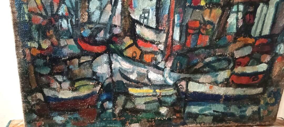 Oil on canvas by Ferruccio Ferri - 1953 - "Boats of Syracuse" expressionist period of Syracuse.