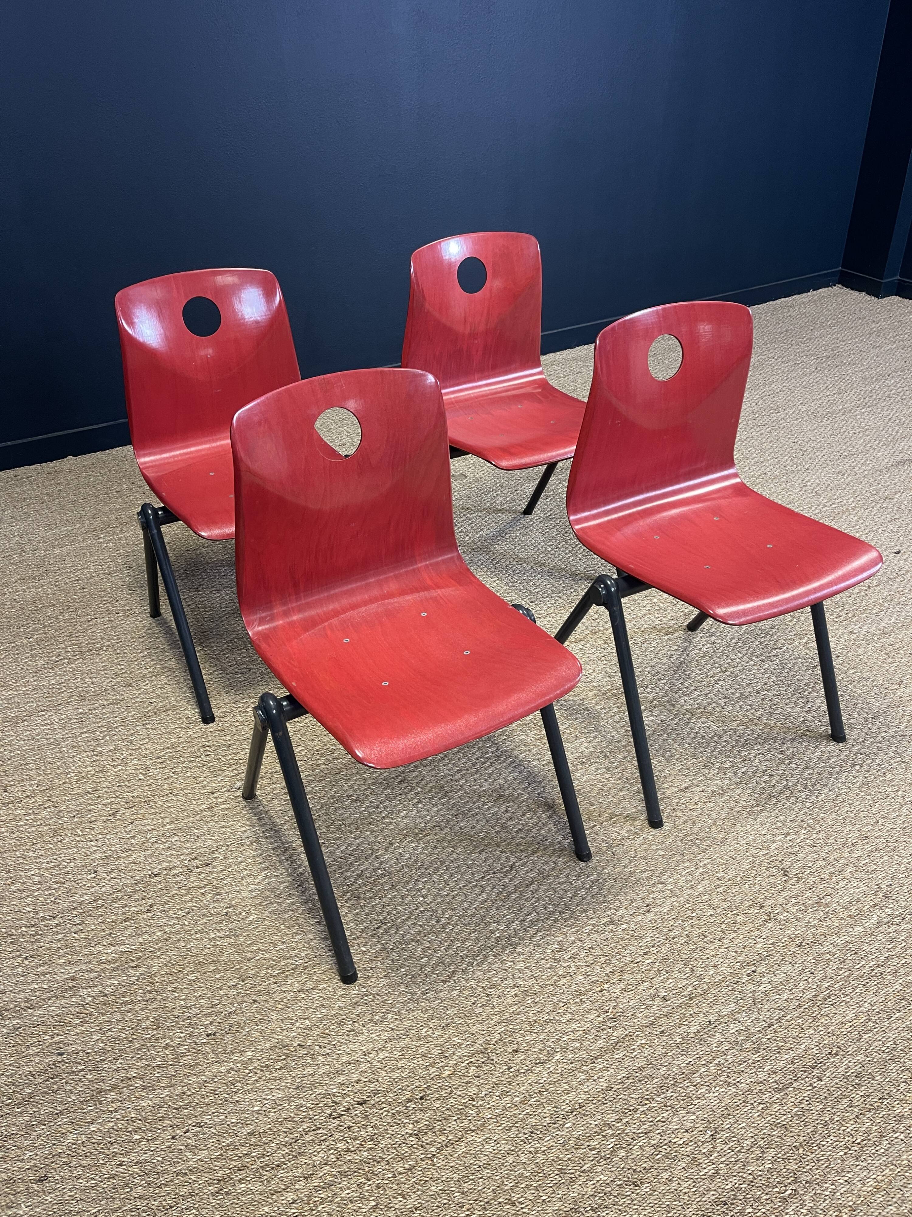 Set of 4 Galvanitas S30 raspberry red / gray steel chairs from the 70s
