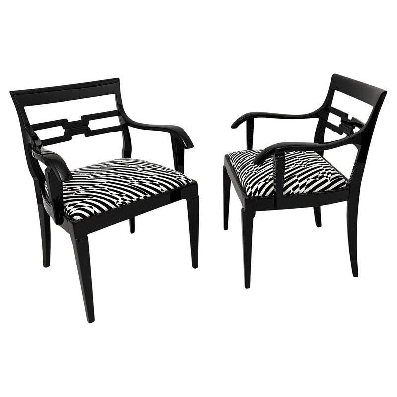 Art Deco Armchairs in Black Lacquer and Black-Creme Fabric, 1925