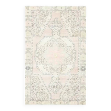 1970s Vintage Turkish Oushak Handmade Wool Cotton Pink Area Rug 130x211