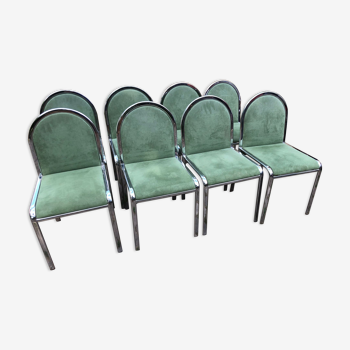 Lot de 8 chaises design 1970 en daim vert et chrome