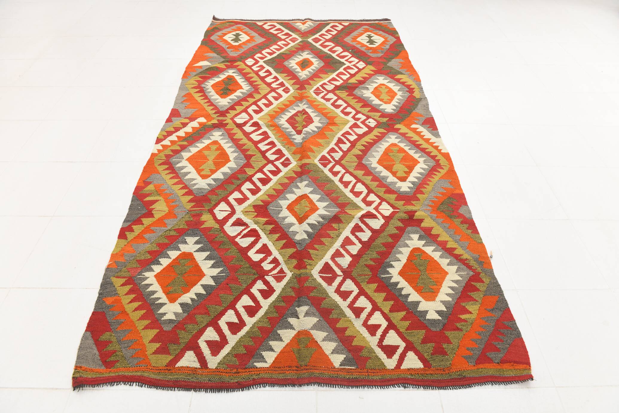 Red & Green Tribal Handmade Turkish Kilim Rug, 163x316Cm
