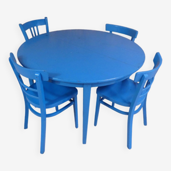 Table à manger ronde avec 4 chaises et 2 rallonges bleu vintage