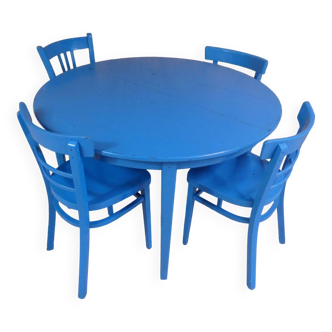 Table à manger ronde avec 4 chaises et 2 rallonges bleu vintage