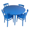 Table à manger ronde avec 4 chaises et 2 rallonges bleu vintage