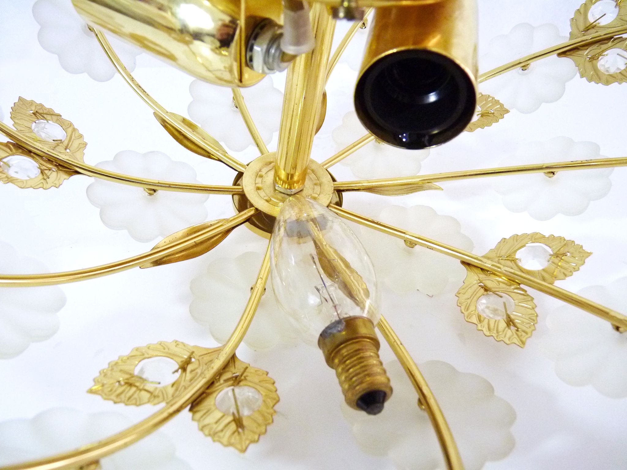 3-light gold metal and brass ceiling, white glass flowers and foliage 1970