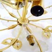 3-light gold metal and brass ceiling, white glass flowers and foliage 1970