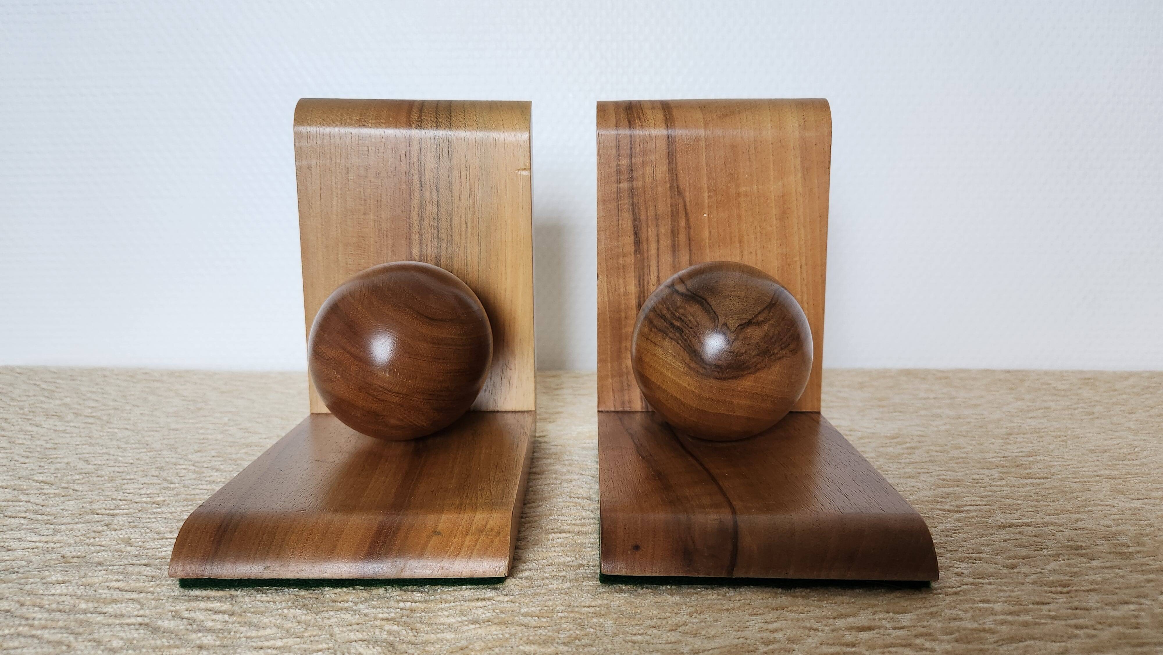 Pair of solid wood bookends with turned spheres – Minimalist design