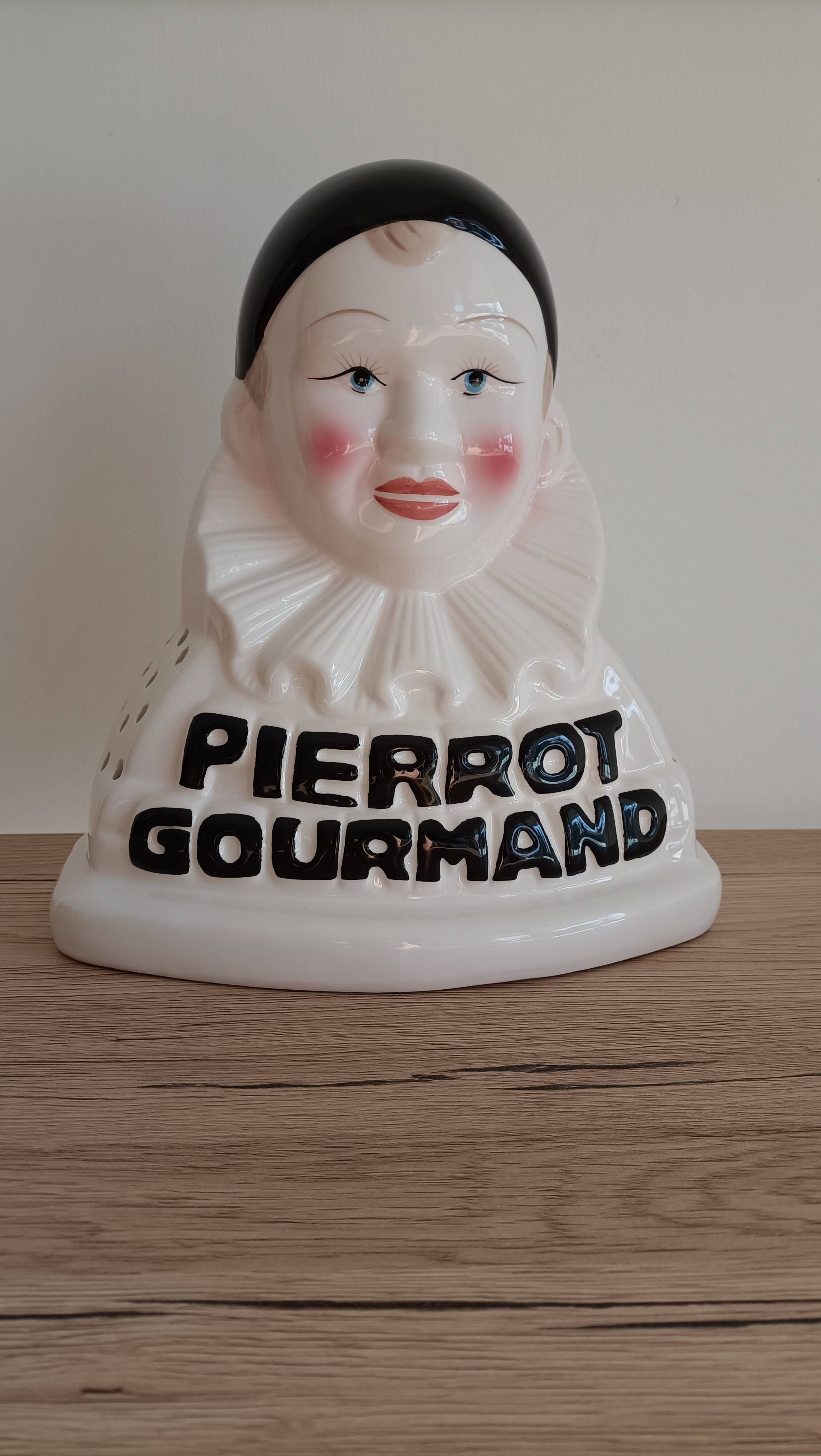 Présentoir à sucettes publicitaire buste pierrot gourmand en porcelaine