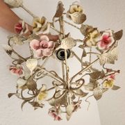Hand-forged vintage pendant lamp with porcelain roses, Denz Neheim Hüsten