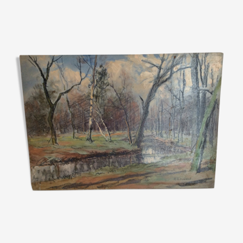 Old painting, forest landscape