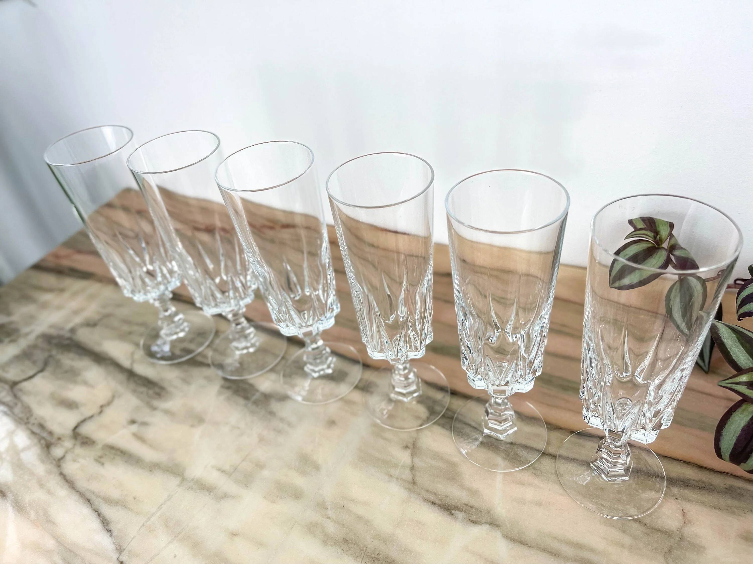 6 crystal champagne flutes from Cristal D'Arques, Louvre model.