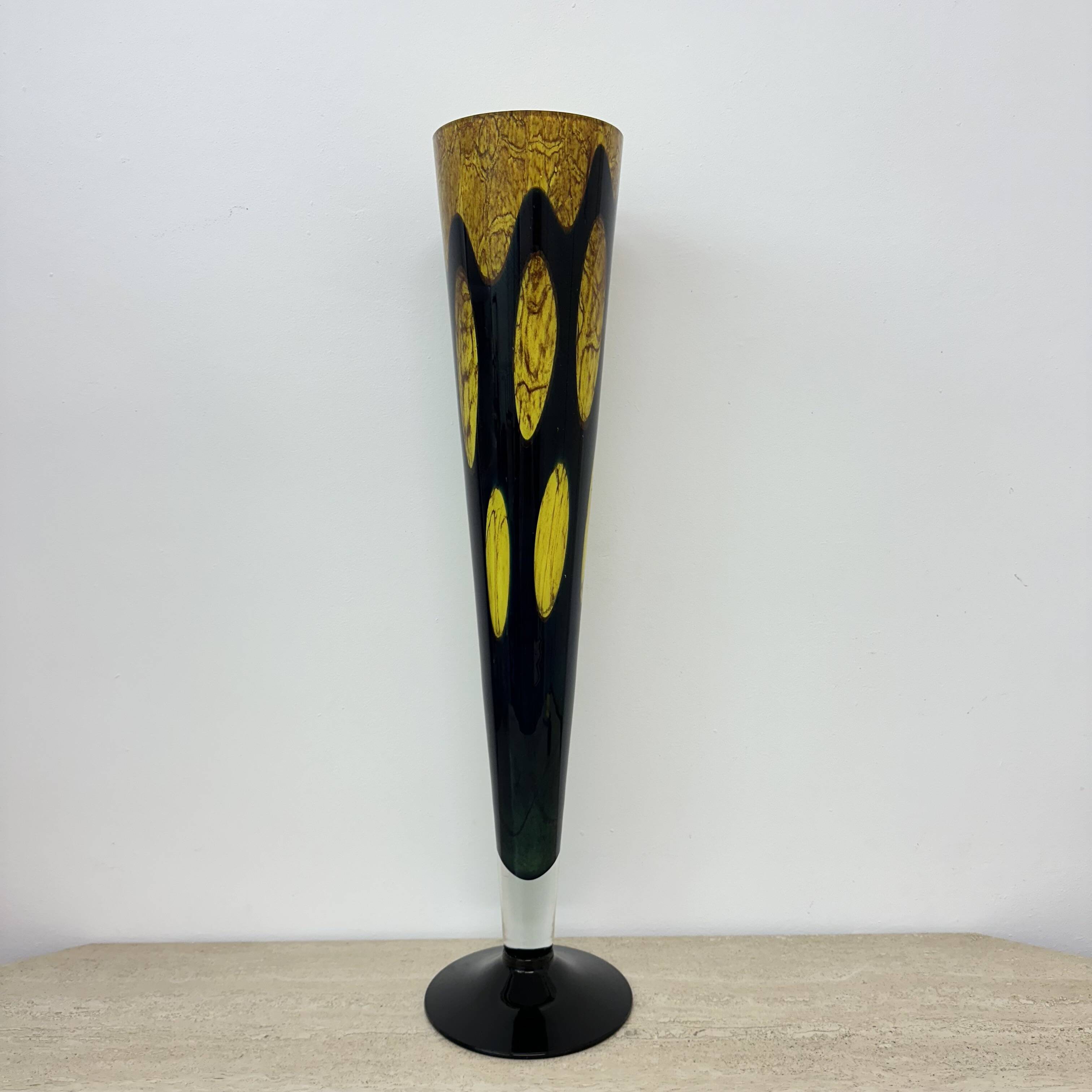 Large glass vase yellow and black , 1970s