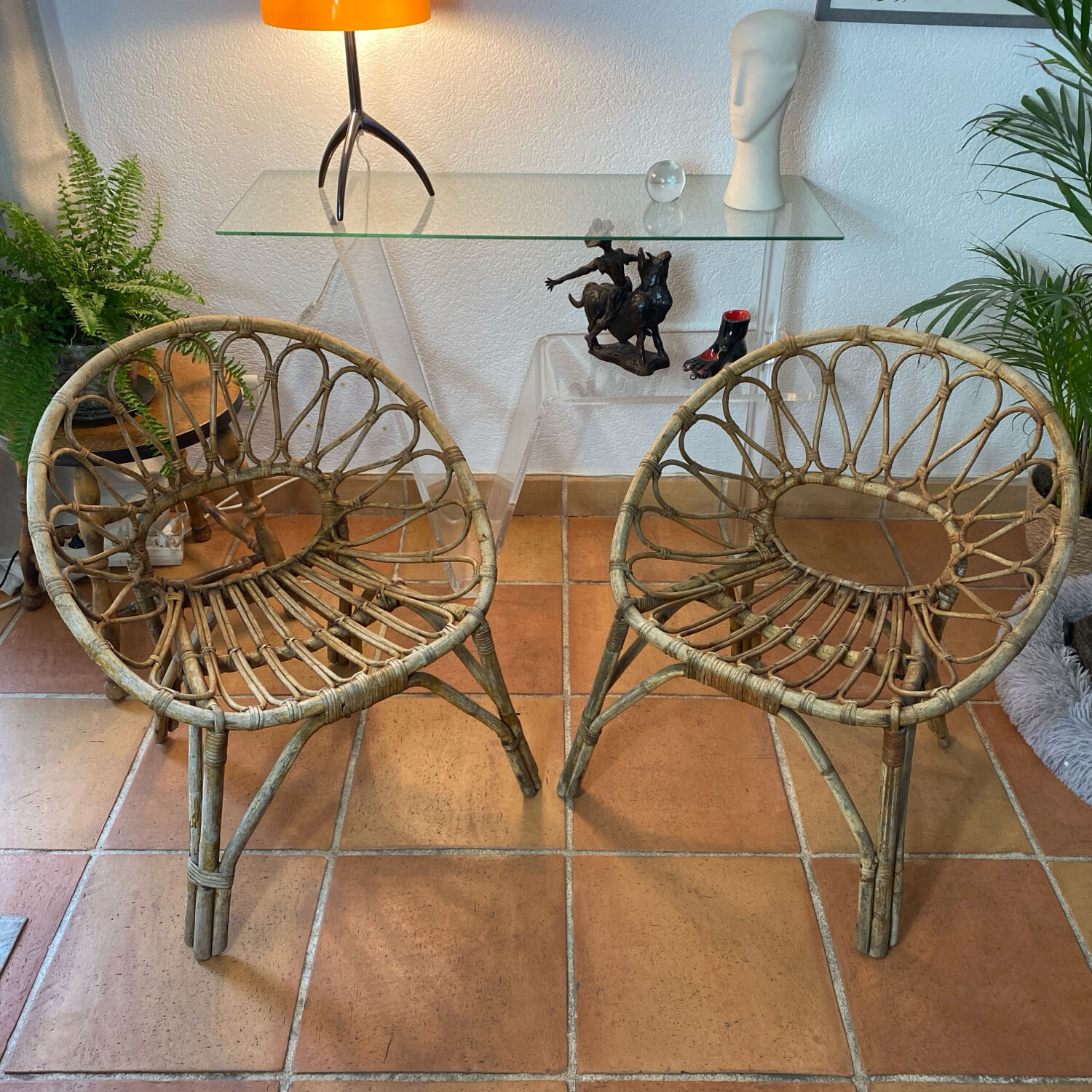 Two rattan shell chairs, 1960s