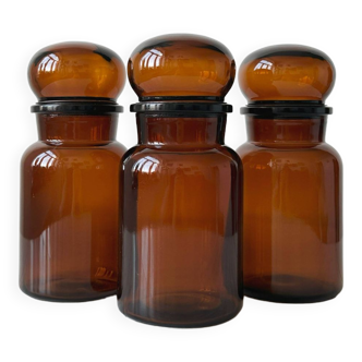 Lot of 3 old pharmacy jars, apothecary jars in brown amber glass