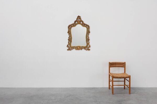 Miroir baroque belge doré de style Louis XV avec étiquette « Knitter-Duro Brevete »