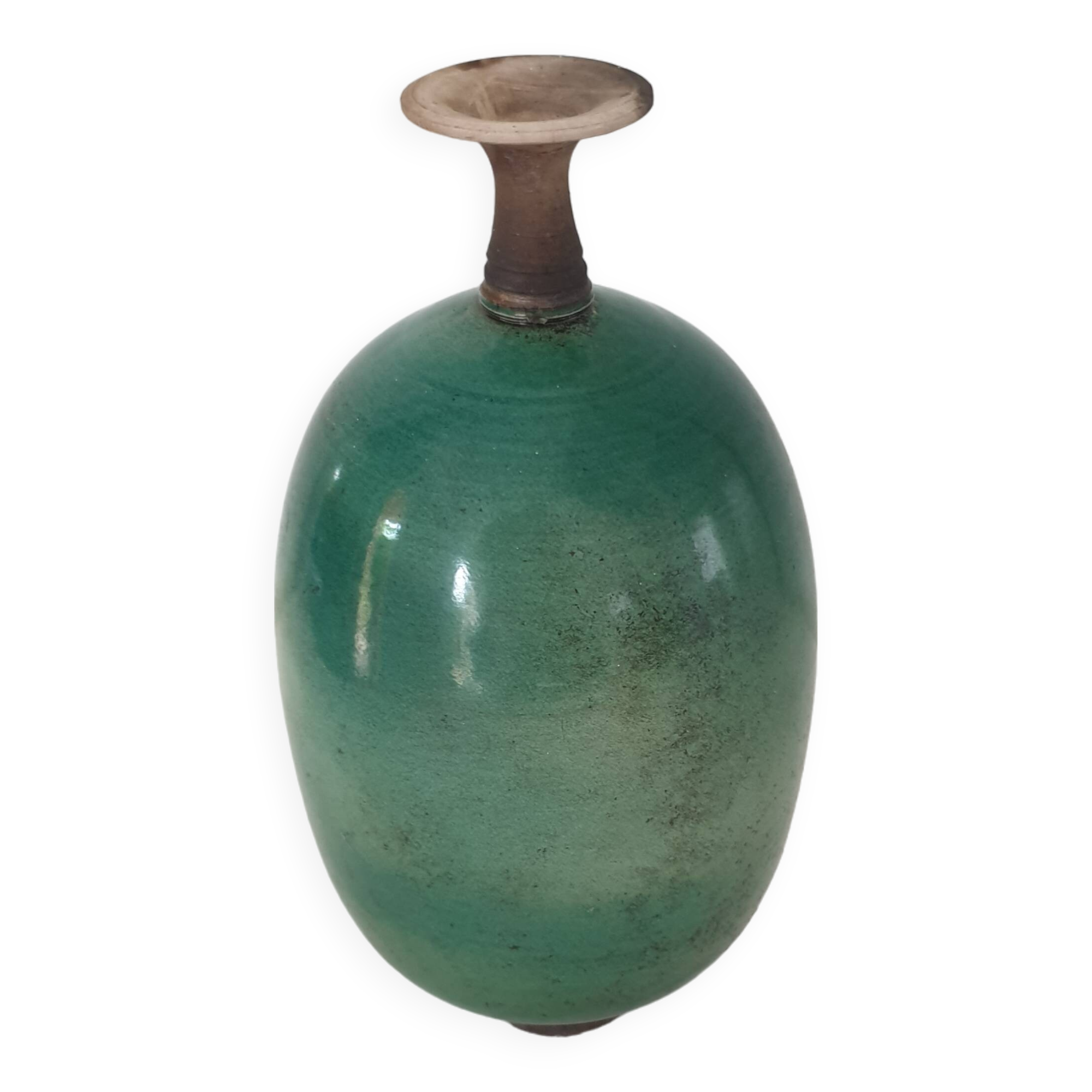 Green pot-bellied ceramic vase with foot and high, narrow neck in signed raku