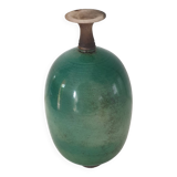 Green pot-bellied ceramic vase with foot and high, narrow neck in signed raku