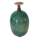 Green pot-bellied ceramic vase with foot and high, narrow neck in signed raku