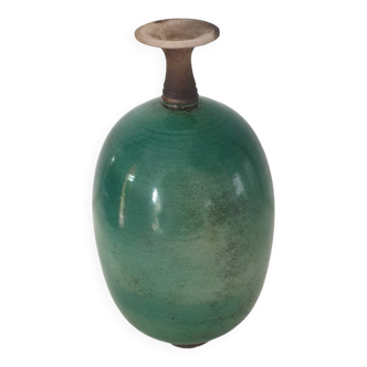 Green pot-bellied ceramic vase with foot and high, narrow neck in signed raku