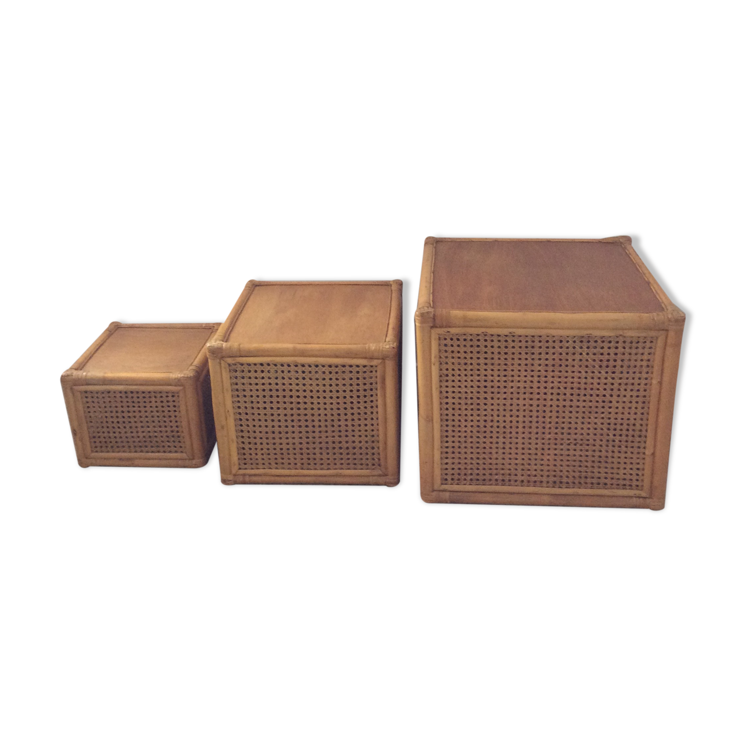 Trio of vintage tables in canning and rattan
