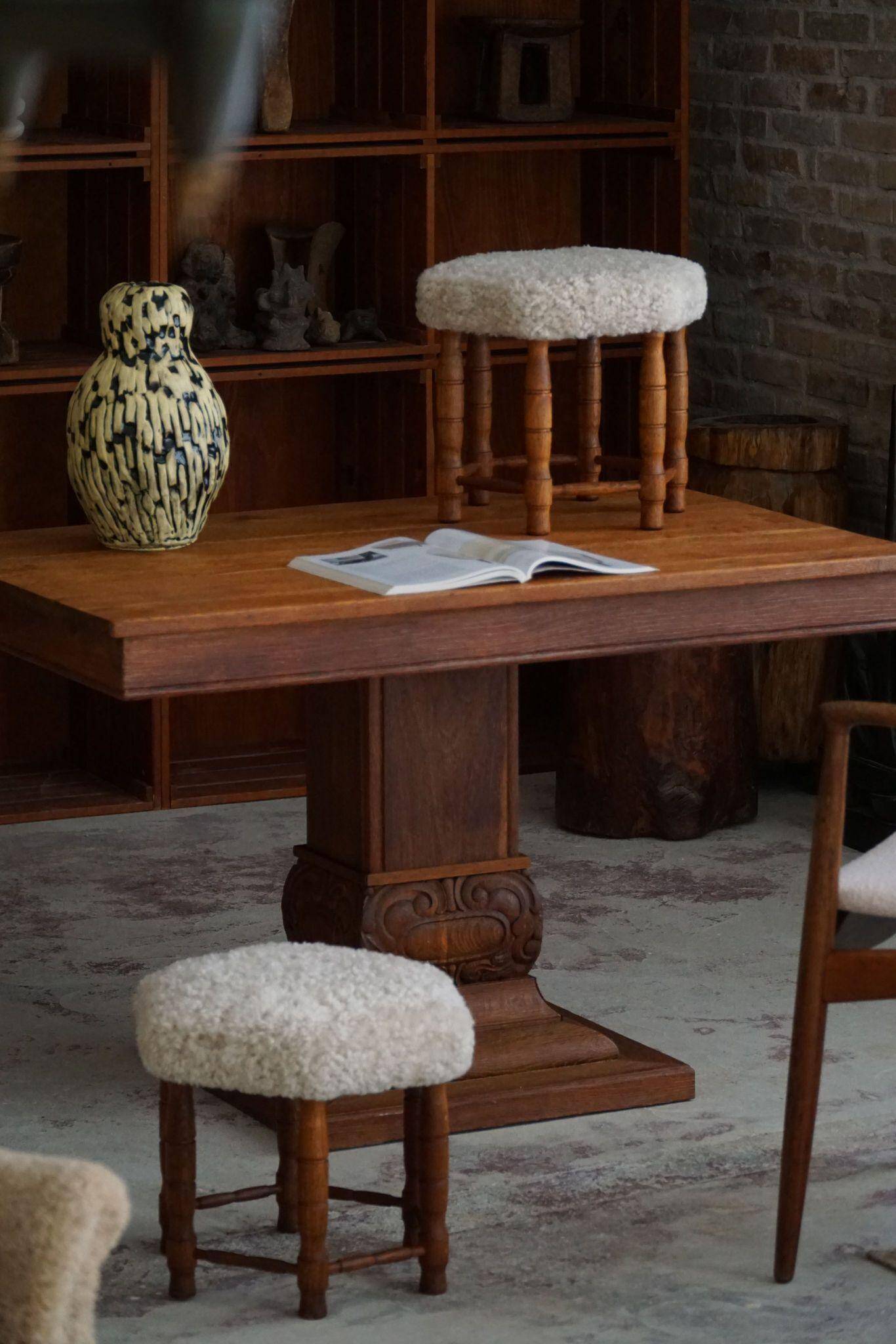 Modern Danish, a hexagonal oak stool, seat reupholstered in lambswool, 1950s.
