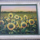 Tableau ancien à l'huile représentant un paysage de tournesols