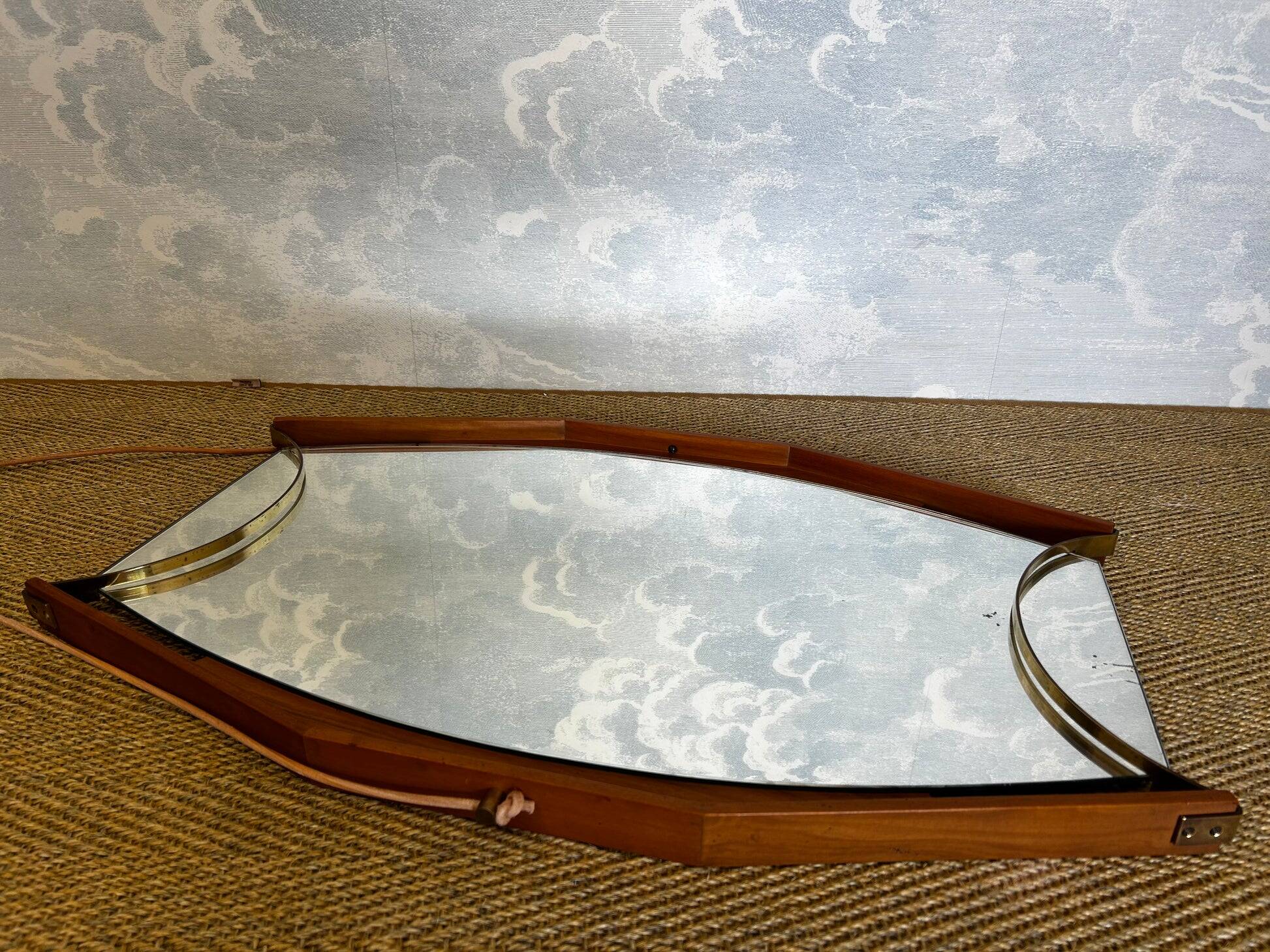 Wall mirror with brass detail and leather mounting, Vetreria Andreini, Ravenna, Italy, 1950s