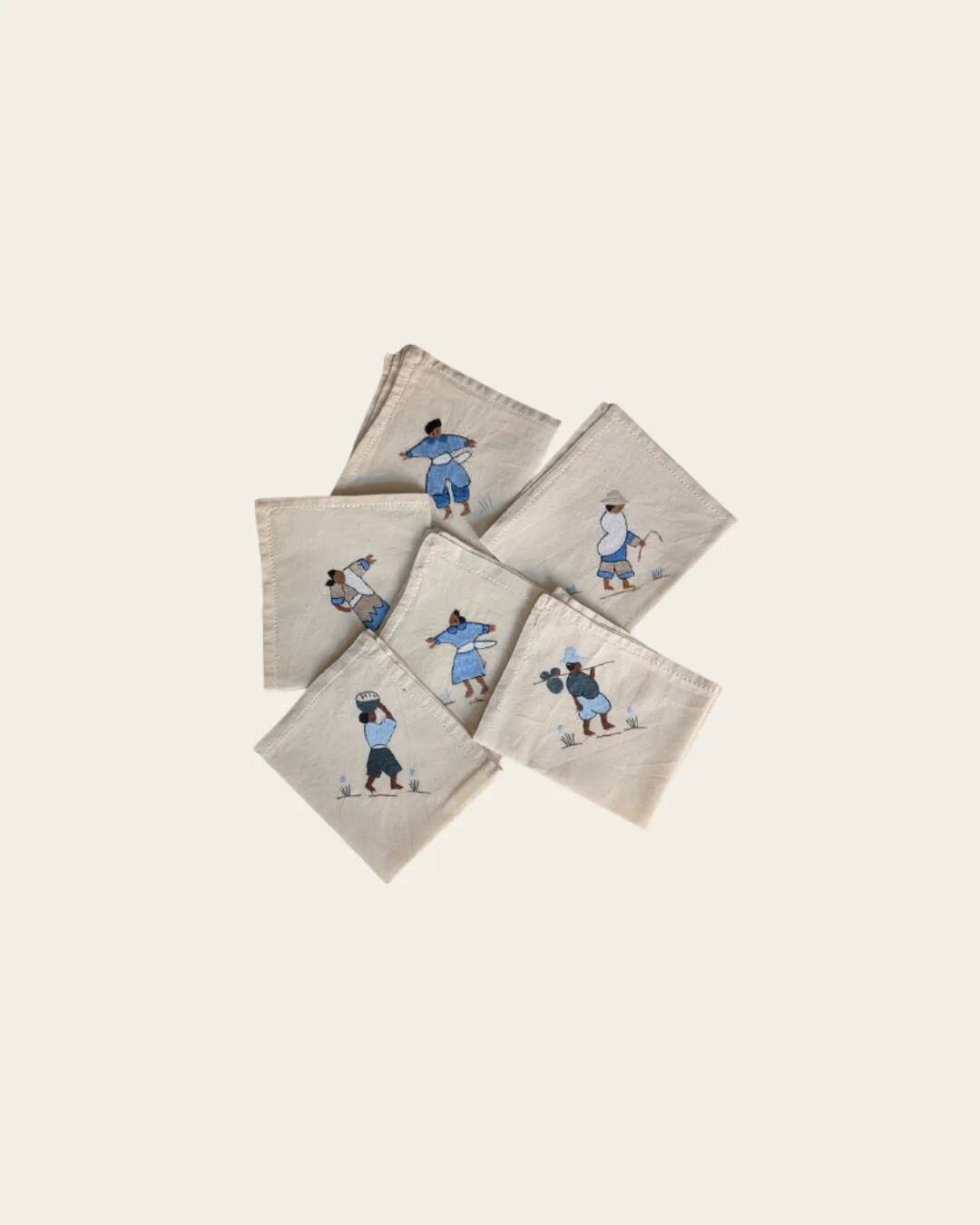 Set of 6 embroidered character napkins