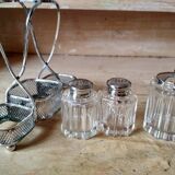 Set of 2 small salt pots and mustard pot in molded glass on their metal servant