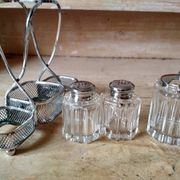 Set of 2 small salt pots and mustard pot in molded glass on their metal servant
