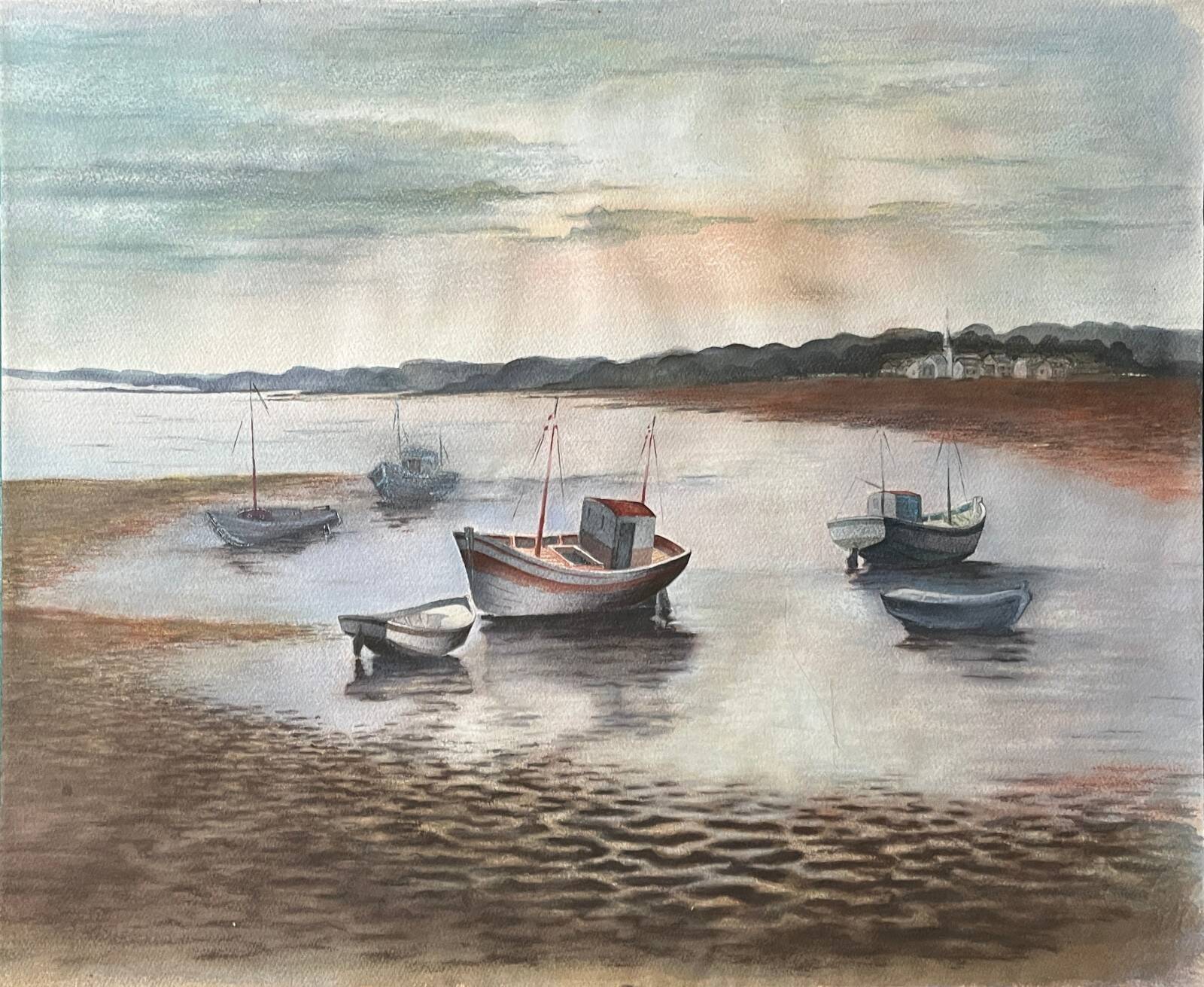 Large Watercolour Seascape (Saint Gilles?) Brittany Low Tide