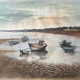 Large Watercolour Seascape (Saint Gilles?) Brittany Low Tide