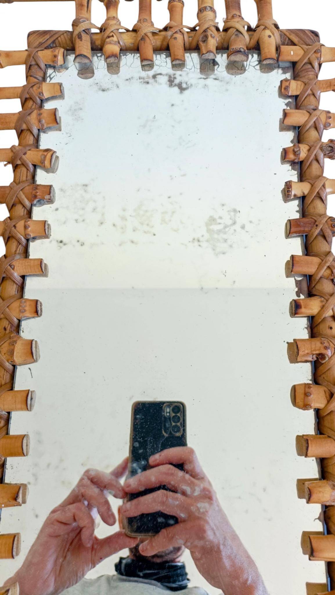 Mid-Century Bamboo & Rattan Mirror With Patina, French Riviera Style, 1950s