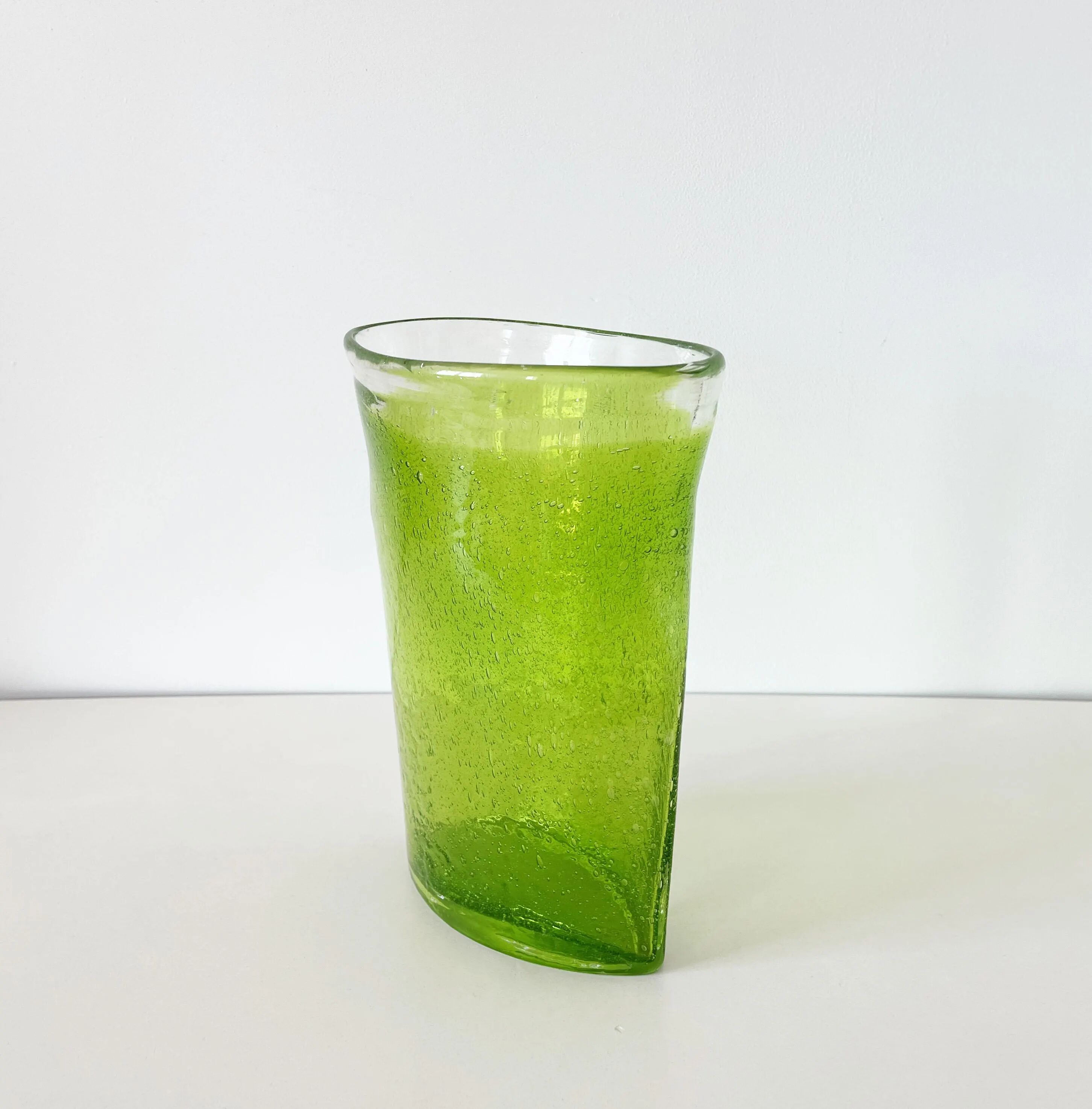 Large vintage green lemon bubble blown glass vase