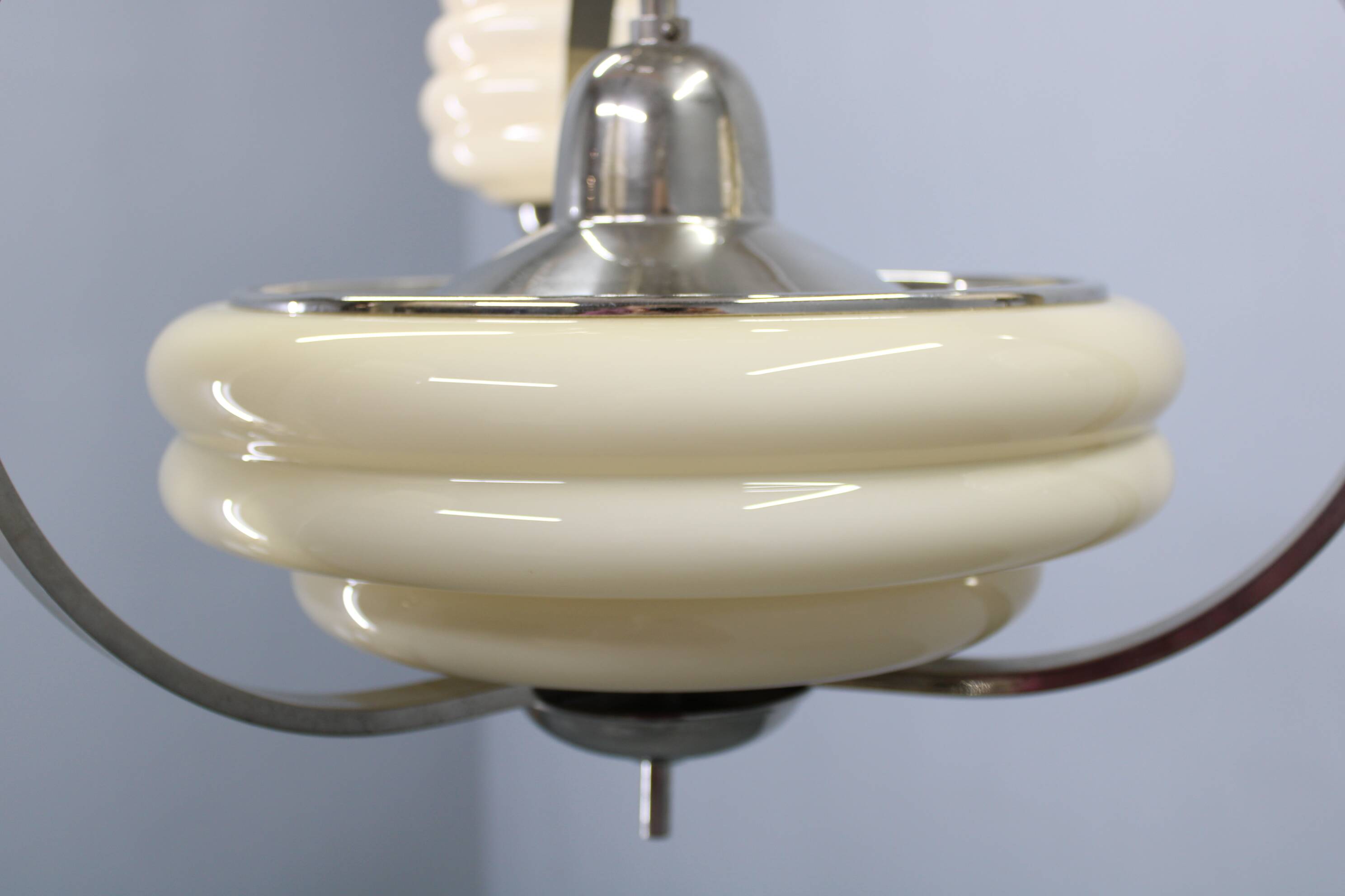 1930s Art Deco nickel and cream glass chandelier