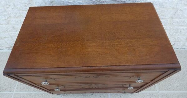 Commode  art déco 3 tiroirs poignée fleurs en laiton  en bois massif-Très b