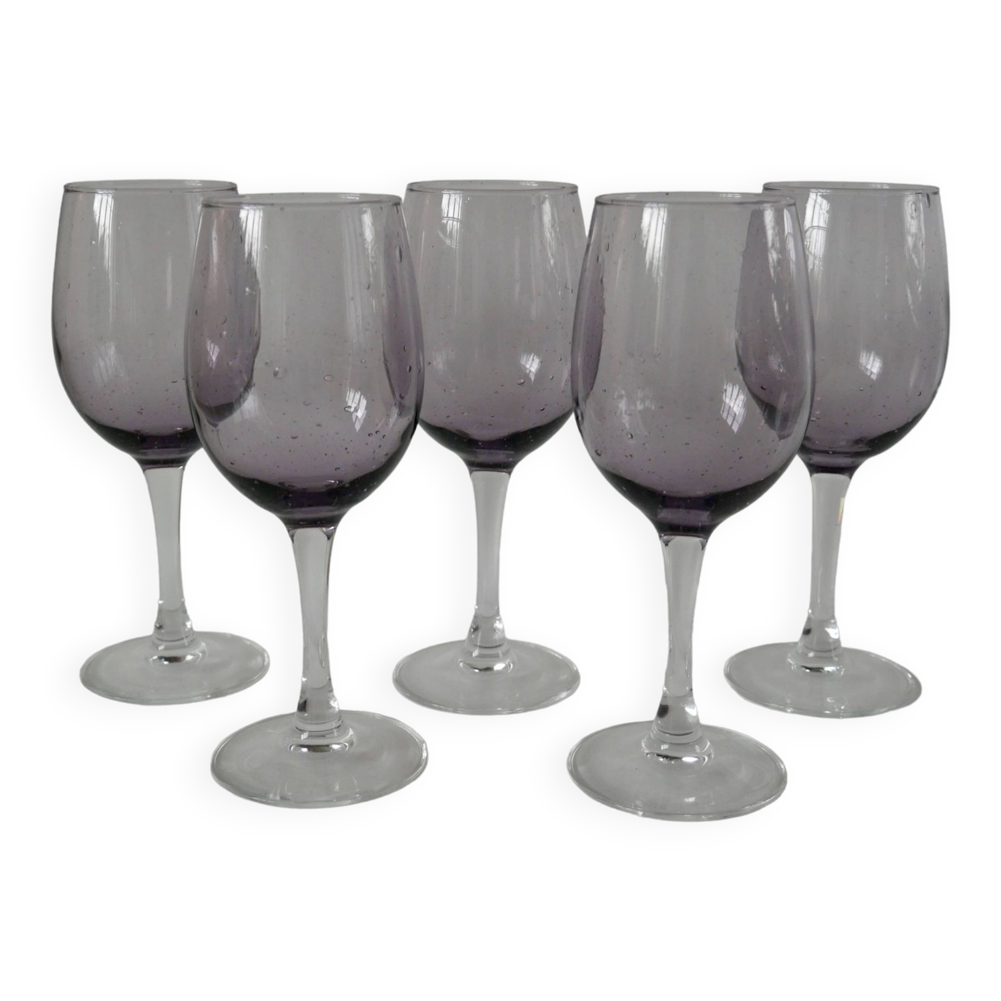 Set of 5 70s purple bubbled glass wine glasses