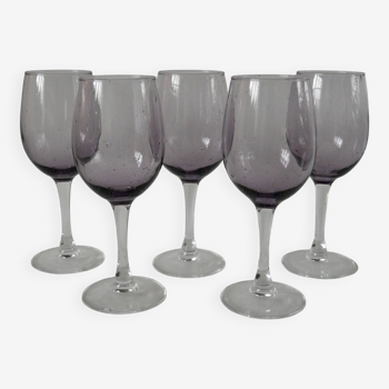 Lot de 5 verres à vin en verre bullé violet années 70