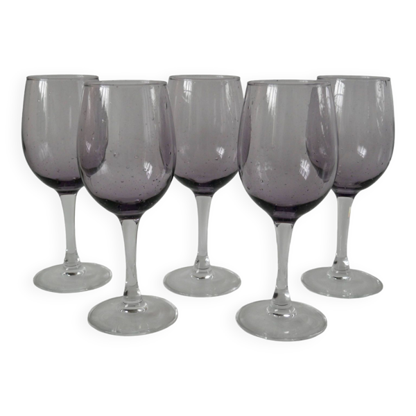 Lot de 5 verres à vin en verre bullé violet années 70