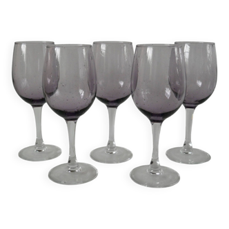 Lot de 5 verres à vin en verre bullé violet années 70