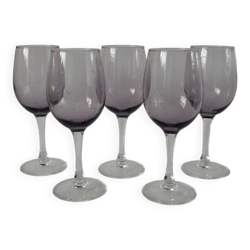 Set of 5 70s purple bubbled glass wine glasses