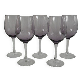 Set of 5 70s purple bubbled glass wine glasses