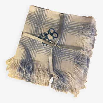 Série de 6 serviettes brodées et monogrammées bleues et blanches en coton, années 70